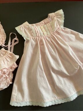 Vintage Maggie & Zoe Light Pink Eyelet-Trim Baby Dress , 3 Piece Set